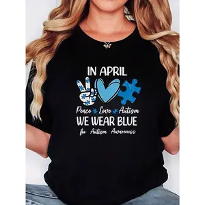 Plus Size Casual T-Shirt With In April We Wear Blue For Autism Awareness Print - Short Sleeve, Round Neck, Stretchy Fabric, Geometric Pattern, SpringSummer Fashion Top, Plus Size Blouse