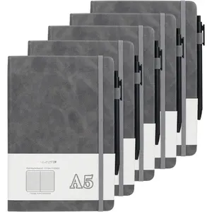 Notebooks Journal for Women Men 5 Pack Bulk Leather Hardcover with Pen Holder A5 160 Pages 100 GSM Thick Paper for Work School Lined Gray