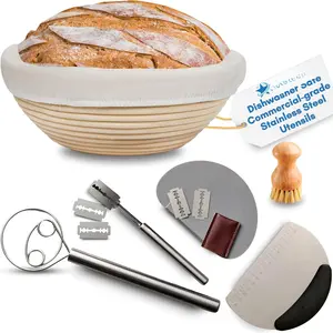 13 count Premium Sourdough Kit, Dishwasher Safe Sourdough Bread Making Kit with 9" Banneton Bread Proofing Basket, Danish Whisk, Scraper, Scorer & brush, Sourdough Bread Baking Supplies