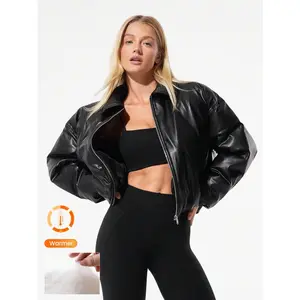 GLOWMODE Frost Fit Soft Lightweight Warm Chill Ribbed Hem Retro Neckline Pockets Faux Leather Cropped Puffer Jacket Autumn Winter Outdoor Daily Casual