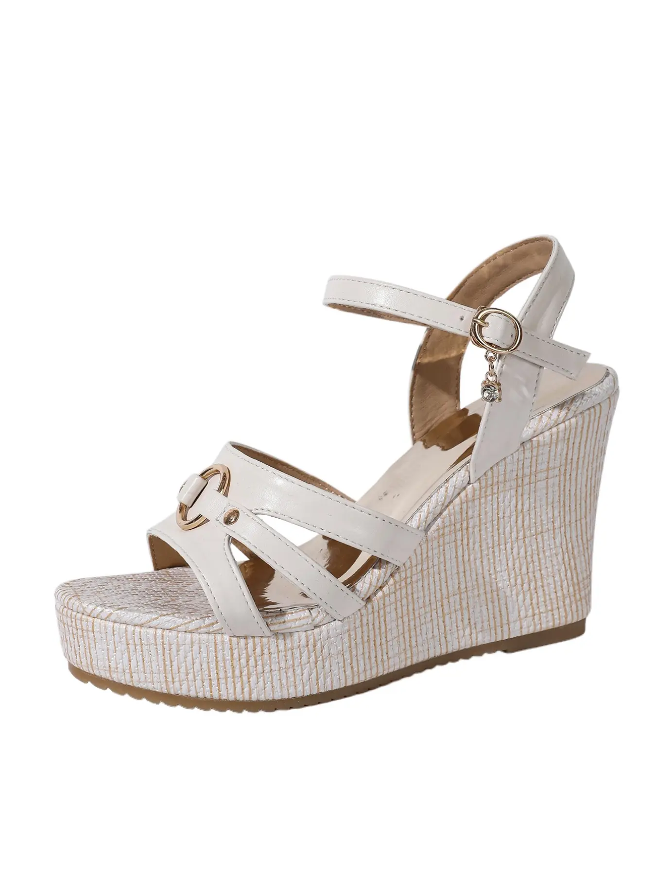 Women Platform Wedge Sandals, Espadrille Open Toe Sandals with Ankle Strap & Cross Strap, Ring Detail Stylish Boho Classy Elegant Summer Beach Vacation Shoes, Comfortable Non Slip Chunky White Sandals