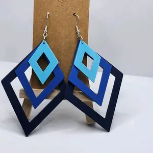 Fun Symmetrical Wooden Earrings - Blue & Navy Blue Geometric Design - Lightweight Eco-Friendly Hook Earrings for Casual Wear