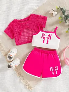 Girls' clothing, girls' set, sweet and cool contrasting color style, bow print, mesh outer layer, elastic waist shorts, comfortable skin friendly fabric, suitable for daily wear in spring and summer, casual daily outings, school, baby girl birthday gifts
