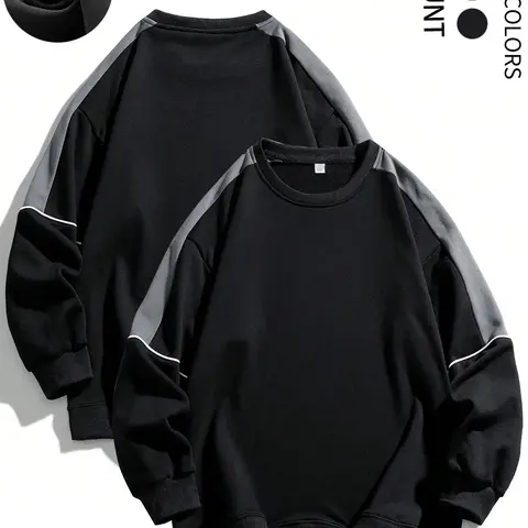 Men's Colorblock Contrast Binding Drop Shoulder Sweatshirt, Stretch Regular Fit Casual Bold Edgy Style Long Sleeve Round Neck Pullover for Spring & Fall, Fashion Men's Top for Daily Wear, Casual Streetwear Pullover