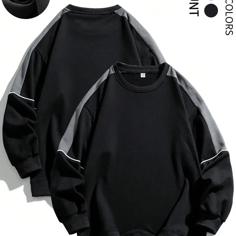 Men's Colorblock Contrast Binding Drop Shoulder Sweatshirt, Stretch Regular Fit Casual Bold Edgy Style Long Sleeve Round Neck Pullover for Spring & Fall, Fashion Men's Top for Daily Wear, Casual Streetwear Pullover