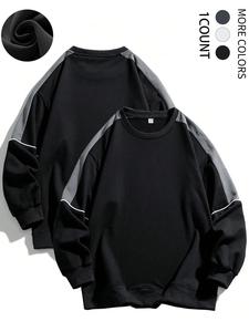 men's colorblock contrast binding drop shoulder sweatshirt, regular fit casual long sleeve round neck pullover for spring & fall, fashion men's top for daily wear, trendy clothes, men's clothing, longsleeves menswear