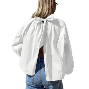 Tankaneo Womens Babydoll Tops Puff Long Sleeve Open Back Bow Tie Blouses Bubble Mock Neck Pleated Shirts