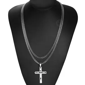 Hermah Punk Style Cross Pendant Necklace, Curb Cuban Chains with Cross Charm, Fashion Stainless Steel HIP HOP Layered Jewelry for Men Women As Gift