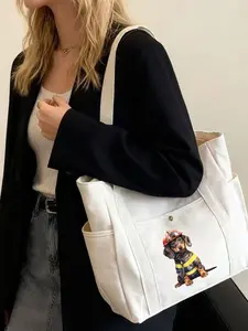 Cute Firefighter Dog Pattern Large Capacity Tote Bag, College Style Shoulder Bag, Pet Lover Exclusive, Zipper Closure, Durable Backpack