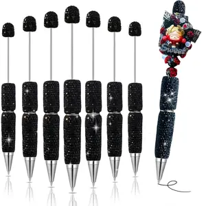 7Pcs Glitter Beadable Pens Full Rhinestone Fancy Pen for Beads Cute Journalling Pen for Women Fun Bling Ballpoint Pen Tween girls Gifts Trendy Stuff Black