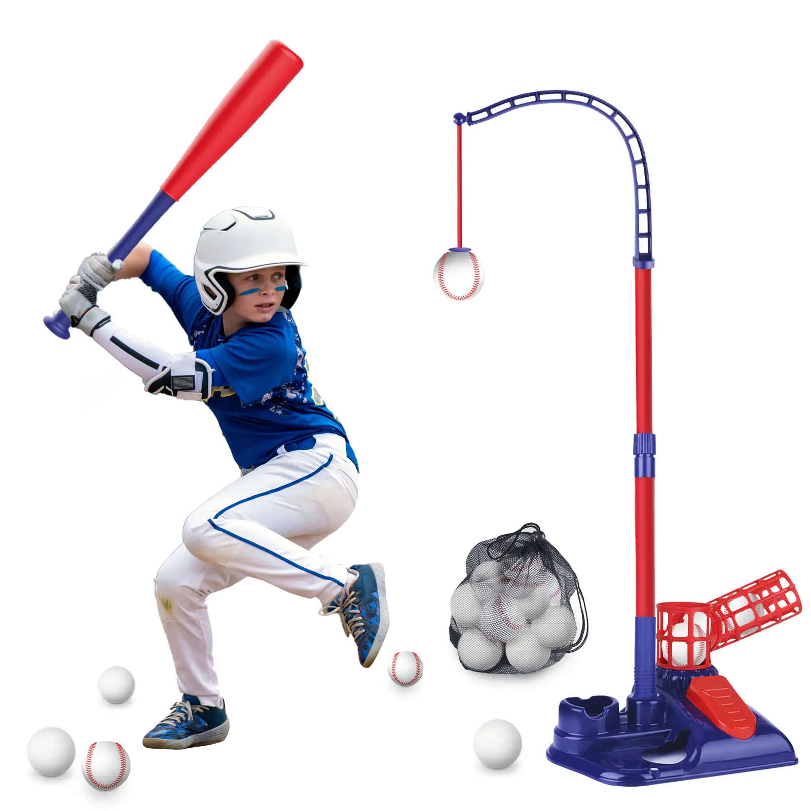 deAO 3-in-1 T Ball Sets, Baseball Training Equipment with Tee Ball Stand, Hanging Tee, Ball Launcher,6pcs Baseballs, Adjustable Height Baseball Toys