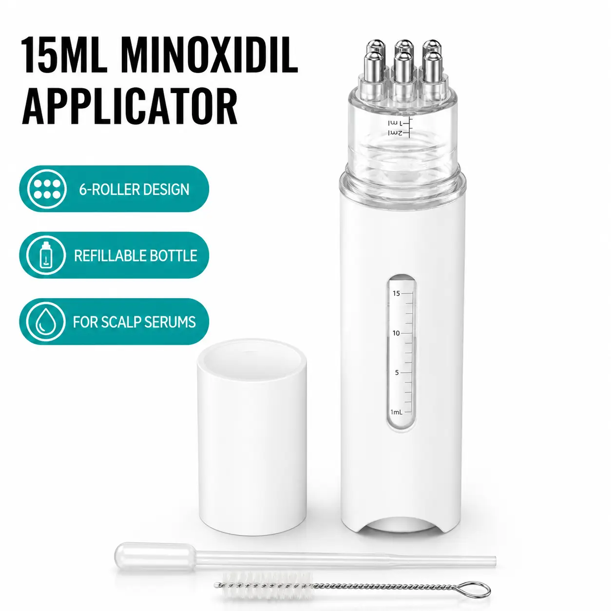 Minoxidil Scalp Applicator for Hair Care,Precise dosing, direct to the scalp 15mL Refillable Dispenser with 6 Roller Balls & 3mL Measuring Chamber, Manual Scalp Massager for Women & Men