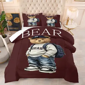 Handsome teddy bear printed pattern bedding set, including 1 blanket and 1 or 2 pillowcases without pillowcases, soft children's or adult bedroom decoration gift