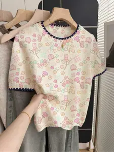 1 piece + French retro loose round-neck elegant short-sleeve contrast piping beige women's contrast floral print spring and summer knitted top, summer top, summer casual women's wear, white top, casual top, knitted top, sweater top, women's kn
