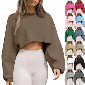 Women's Long Balloon Sleeve Sweatshirt, Cropped Crew Neck Loose Fit Casual Workout Shirt, Relaxed Everyday Top with Statement Sleeves