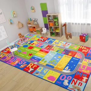 Kids Educational Alphabet Road Flannel Area Rug - Colorful ABC Animal, Season & Shape Print Soft Mat with Race Track, Non-Slip Play Rug for Nursery & Playroom #EducationalAlphabetRug #RoadTrackMat #NurseryAnimalSeasonDecor #KidsPlayroomCarpet