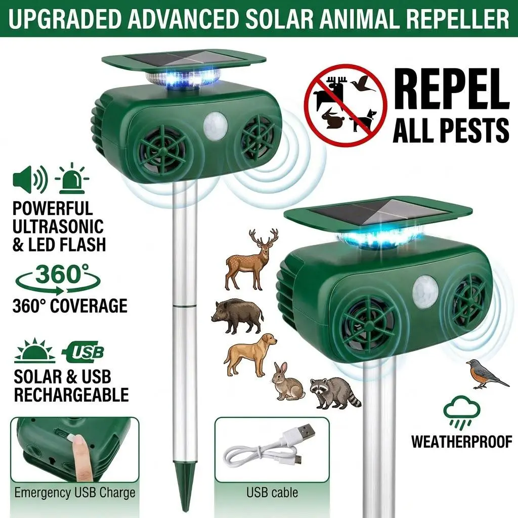 360° Rotating Solar Ultrasonic Animal Repeller — Easy to Install. Features a built-in motion sensor that detects and repels dogs, deer, raccoons, skunks, and squirrels. Ideal for use in residential homes, villas, and gardens., Rabbits, Flashing Led Lights
