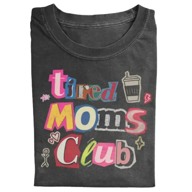 Comfort Colors Tired Moms Club graphic tee, funny mom shirt with retro colorful design, vintage style look, trendy gift idea for moms, women or men who love humor and comfort