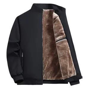 Men's Chic Beige Plain Fleece Thermal-Lined Zip-Up Jacket - Regular Fit Long Sleeve, Zipper-Front Casual Outerwear for Fall & Winter Menswear Coats