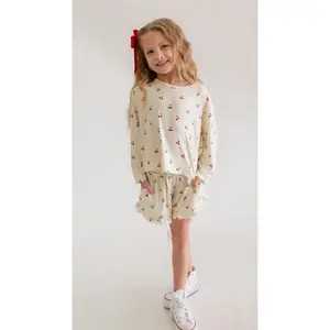 Girl's Long Sleeve and Ruffle Shorts Set in Cream Cherries