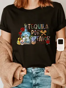 Tequila Print Crew Neck T-shirt, Short Sleeve Casual Top For Summer & Spring, Women's Clothing