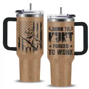 Hunting Wood American Flag 40oz Tumbler with Lid, Stainless Steel Insulated Vacuum Coffee Thermal Cup, Husband Men Gift Father's Day Christmas