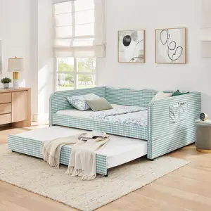 Eyisean Full Size Polyester Upholstery Daybed, Modern 3-in-1 Convertible Sofa Bed with Pull-Out Trundle, Space-Saving Gingham Bed Frame with Wavy Backrest & Side Storage Pocket, No Box Spring Needed, Easy Assembly for Living Room, Bedroom