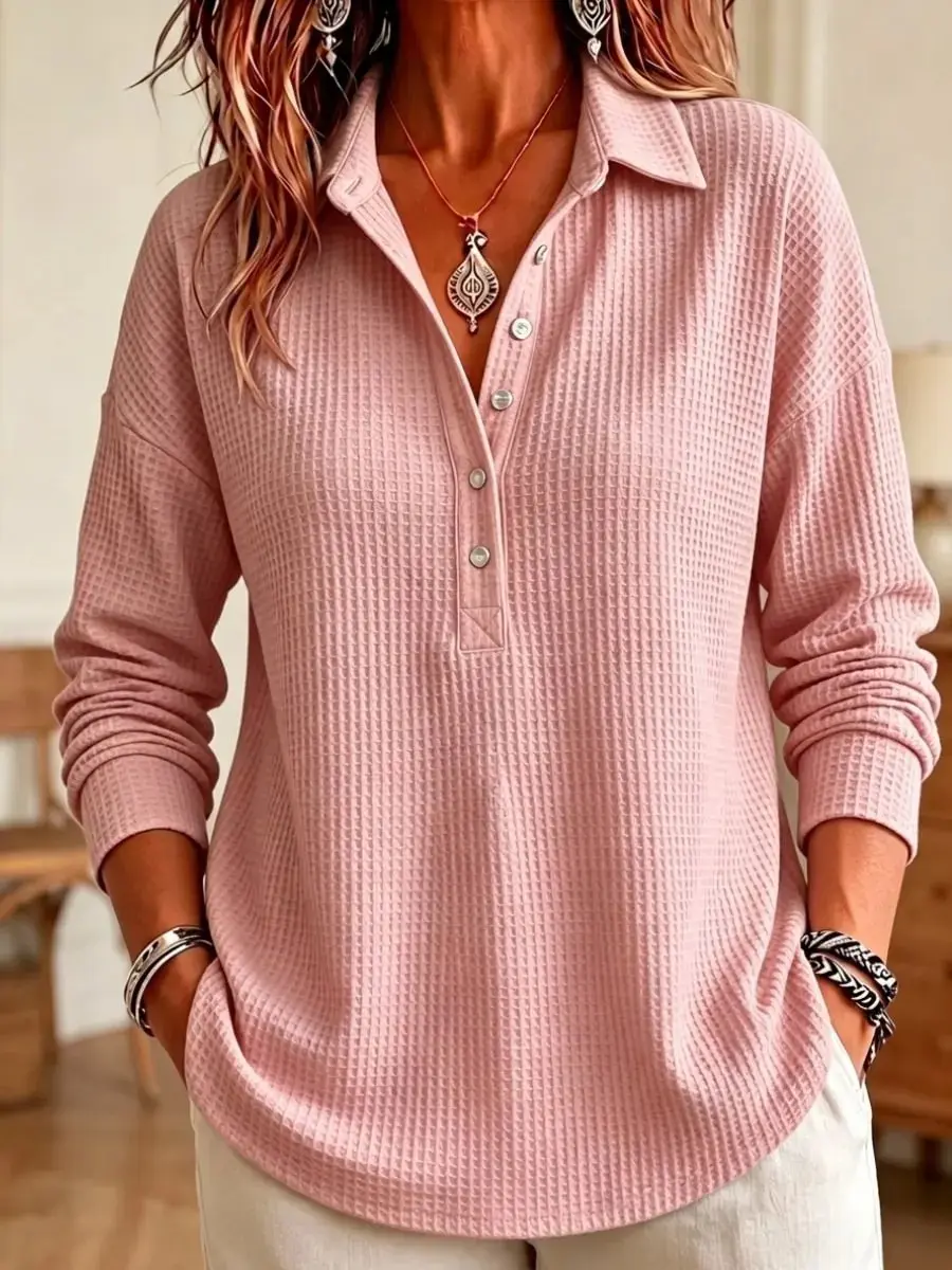 Women’s waffle-textured pullover shirt for spring/autumn, turn-down collar, half-button Henley design, long sleeves, loose fit that flatters the figure, dropped shoulders, casual shirt