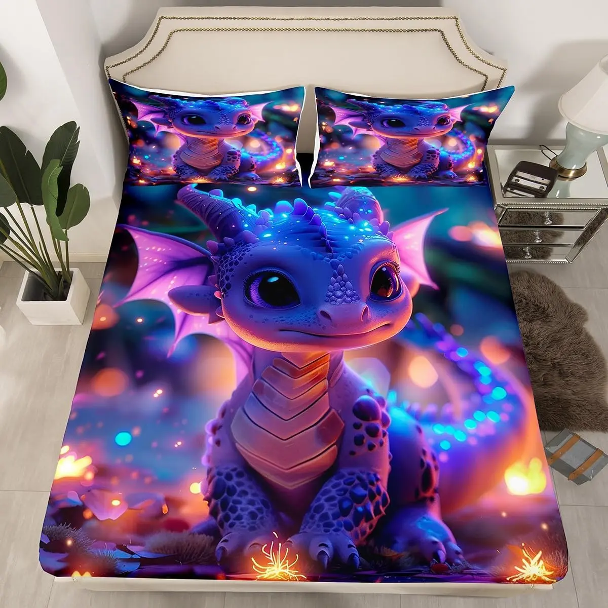 Cute Dragon Fitted Sheet Mysterious Jungle Bedding Set Kawaii Western Dragon Animal Bed Sheet Room Decor Glitter Plant Deep Pocket Sheet