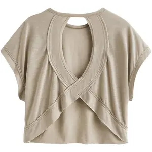 Women Open Back Tops Workout Backless Tee Casual Athletic Shirts Short Sleeve Oversized Gym T Shirt