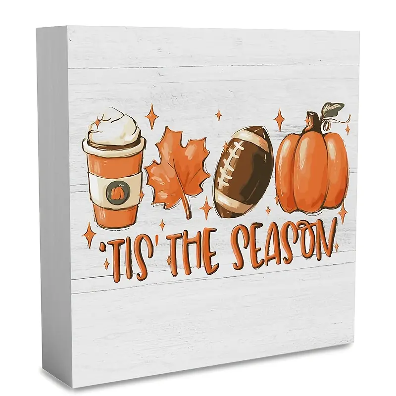 Rustic It's the Season Pumpkin Farmhouse Retro Fall Artwork Desk Decor, Autumn Harvest Thanksgiving Desk Block Plaque Sign for Home Shelf Office Decoration, Rustic Farmhouse Design
