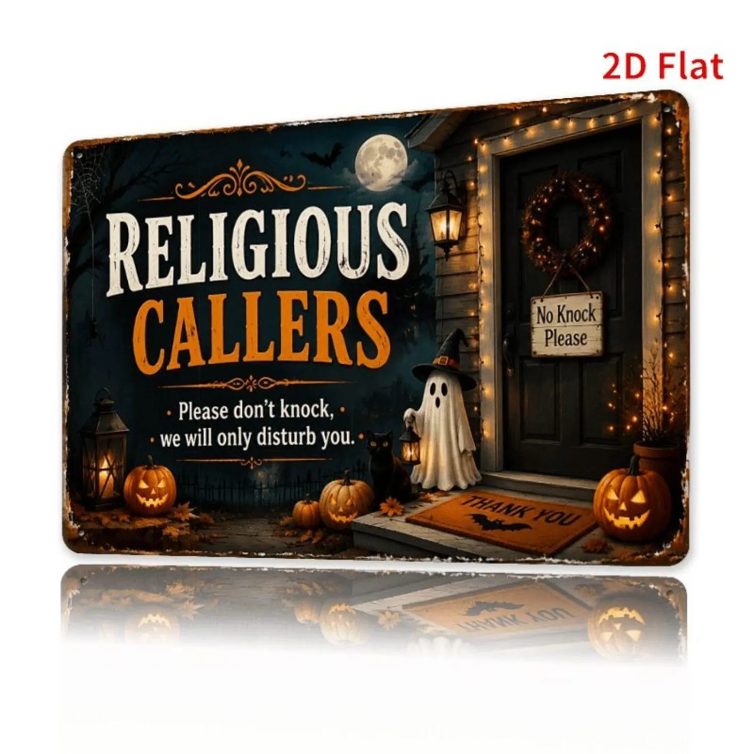 2D Flat, Decorative Sign 2D Flat - [2Dflat], 1pc 12X8inch Halloween Tin Sign, Religious Callers Pumpkin Black Cat Vintage Metal Decorative Signs, Front Door Porch Wall Decor, Halloween Spooky Holiday Home Decor, 2D Flat