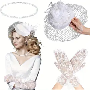 3 Pcs Women Tea Party Derby Hat with Single Layer Pearl Necklace and White Lace Gloves Fashion Accessories