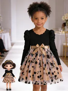 Girls V Neck Design Puff Sleeve Mesh Material Colorblock Pattern Dress with Belt Included, Perfect for School Performances, Birthday Parties, Daily Wear & Fall Fashion
