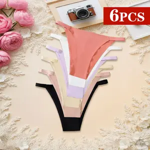 6 Pack Thin Strap Ice Silk Seamless Thongs, No Visible Lines Ultra Smooth Panties Multi Color For Yoga Fitness Daily Wear