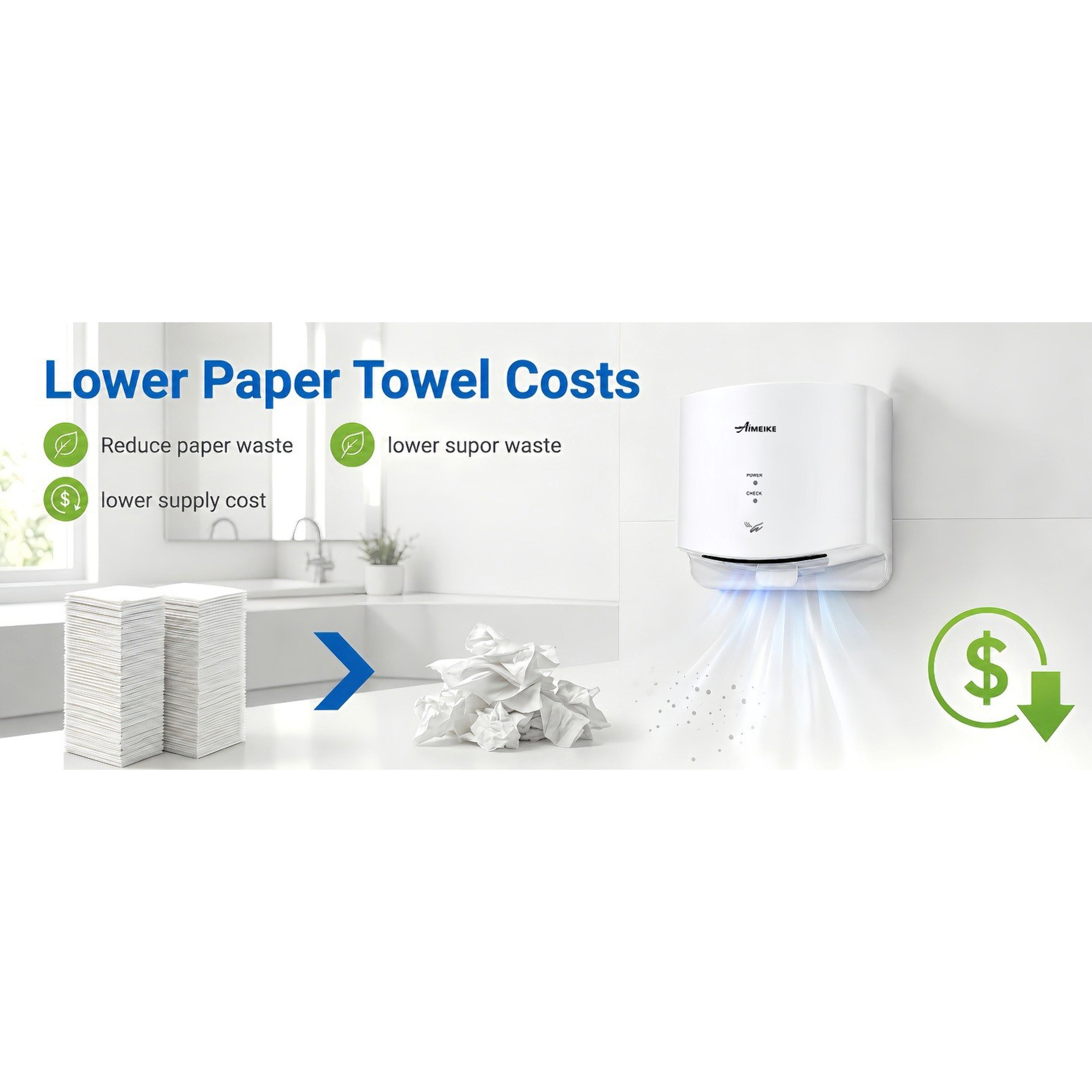 Compact Commercial Hand Dryer 110-130V 1300W for Bathroom, White | 7-10s fast drying, 100 m/s airflow, auto heat under 77°F/25°C, compact ABS body, plug-in setup with hardwired option