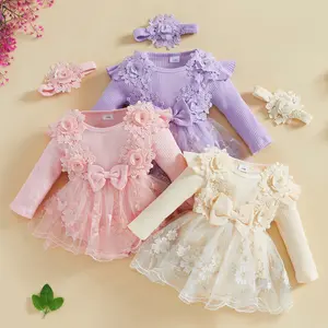 Baby Girl Lace Romper Baby Tulle Dress Mesh Patchwork Long Sleeve Ruffle Jumpsuit Headband Set Newborn Outfits