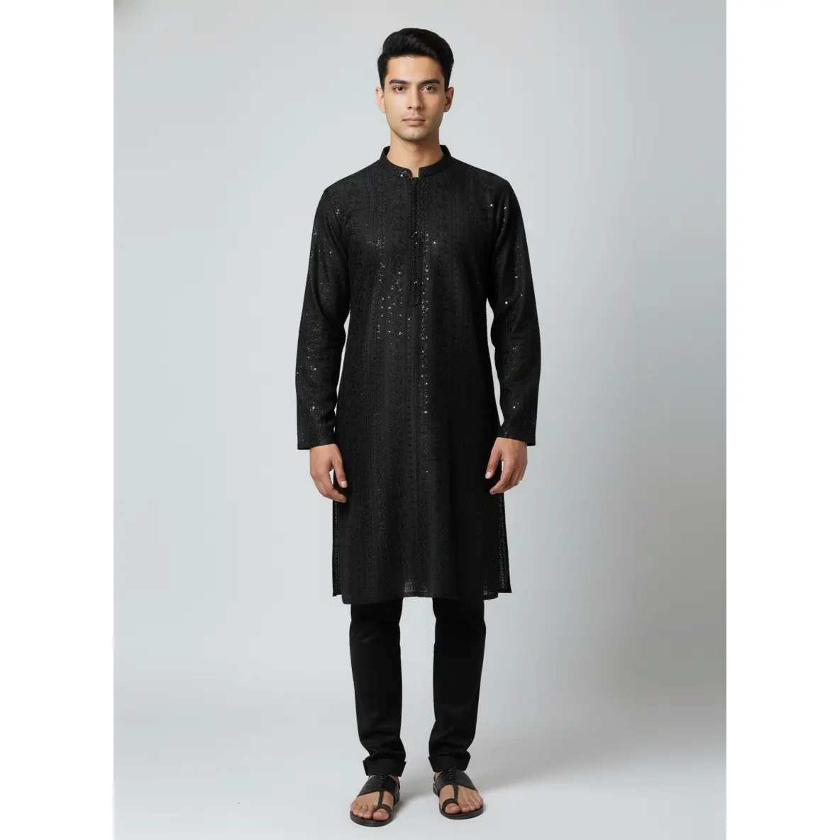 Men's Islamic Modest 2-Piece Fancy Katan Silk Embroidered Sitara Work Kurta and Trouser Set, Casual Blouse/Shirt with Long Sleeves, Two Piece Set, Embroidery Work