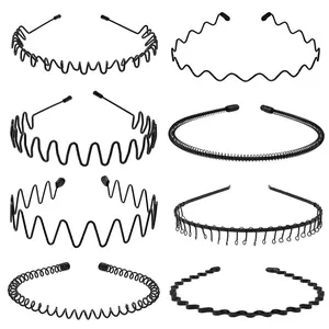 Metal HairBand  Men, Unisex Wavy Spring Hair Band, Black Zig Zag Headband, Fashion Elastic Hair Accessories Perfect  Outdoor Sports and Daily Use (8 Pack)