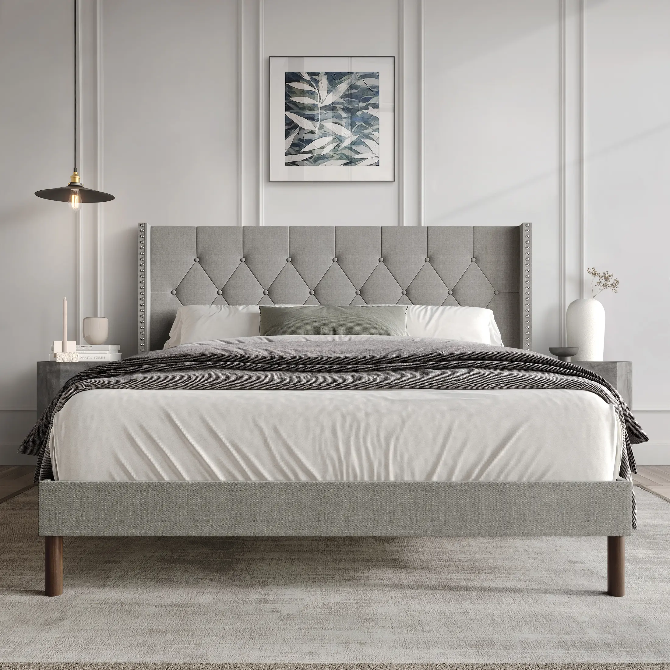 Modern Gray Tufted Bed Frame with Elegant Design and Comfortable Mattress for Bedroom, Contemporary, King/Queen/Full/Twin