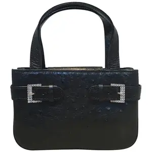 Pre-owned MCM Ostrich Leather Mini Bags Vintage Mini Black Ostrich Handbag with Rhinestone Buckles