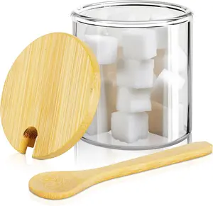 Sugar Container with Lid and Spoon,11oz Sugar Bowl Glass Clear Jar for Coffee Bar Accessories Storage Overnight Oats, Salts, Coffee Bean, Spice, Creamer, Food Organizer（Clear）