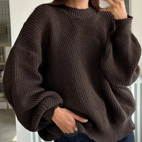 Women's Oversized Loose Fit Crew Neck Long Sleeve Pullover Sweater, Womenswear, Casual Autumn Winter Solid Color Classic Basic Cozy Soft Knitted Jumper Top, Winter Sweater