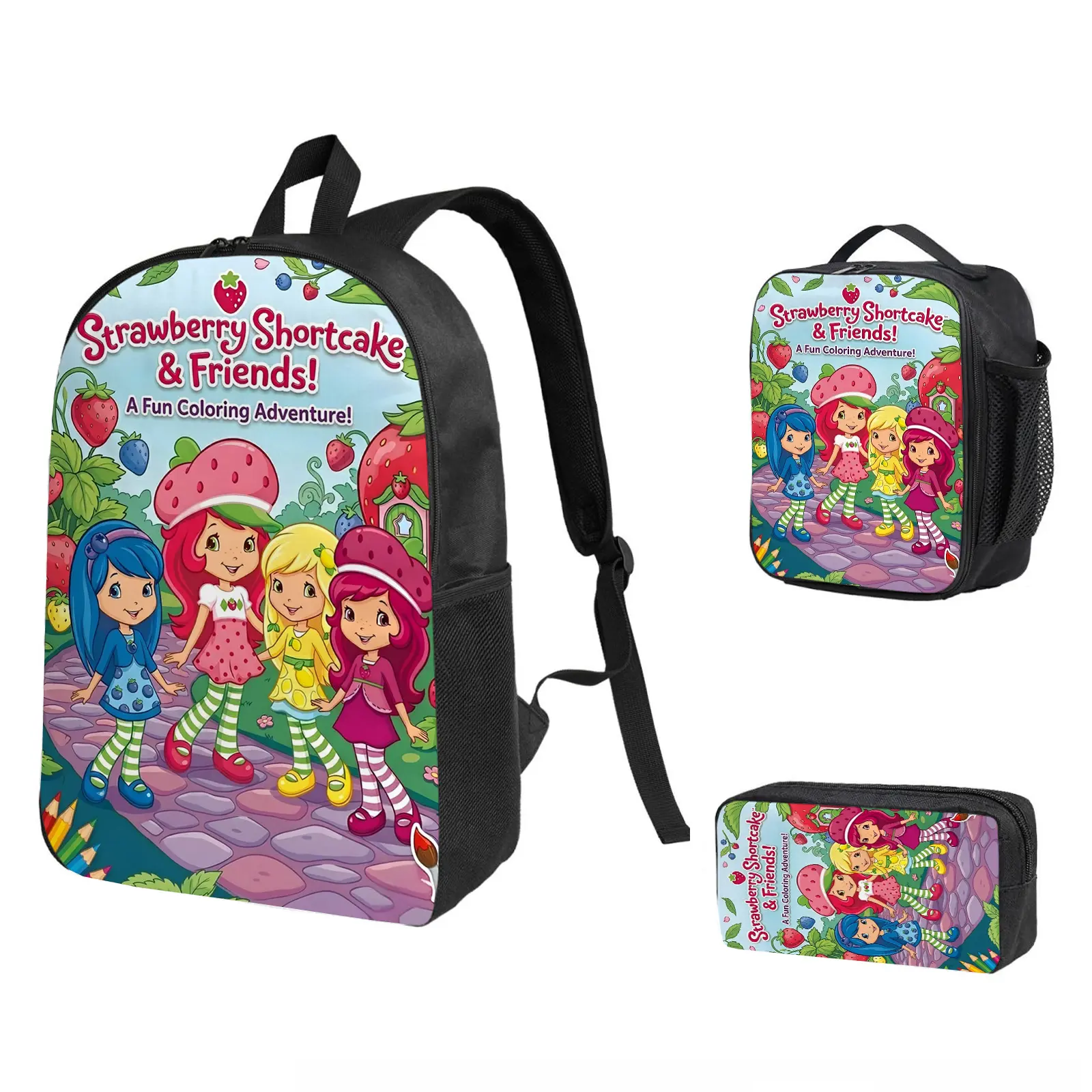 Strawberry Shortcake Backpack 3-Piece Combo, School Bookbag with Insulated Lunch Bag & Pencil Case for Kids Teens Boys Girls, Cool Laptop Travel Daypack Back to School Gift for Fans b-216