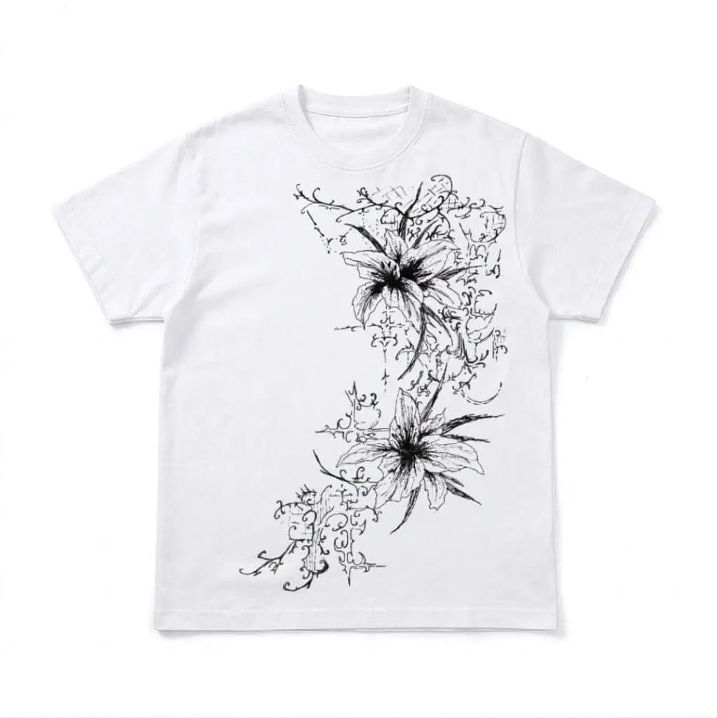 White Aesthetic Lily Tee - Fine Line Vine Shirt