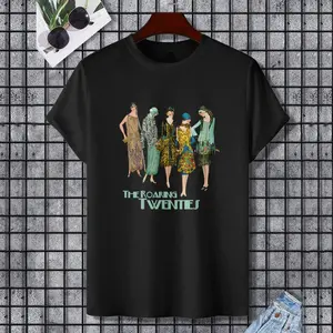 Roaring Twenties Flapper Women T-Shirt, 100% Cotton, Single Side Printed, Black Short Sleeve T-shirt, Gift for Family Friends, S-XXXL, 1 pc, Fabric Weight 180g
