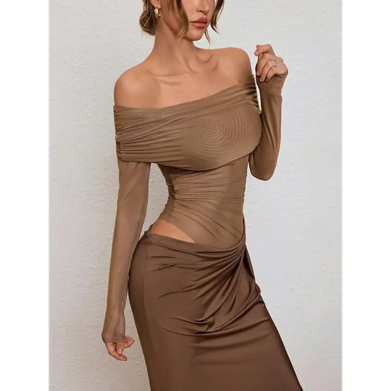 Women's Ruched Sheer Mesh Dress, Dresses for Women, 2025 Elegant Long Sleeve Long Dress for Party Women's Ruched Sheer Mesh Dress, Dresses for Women, 2025 Elegant Long Sleeve Long Dress for Party