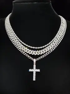 Artificial Zircon Inlaid Cross Pendant & Chain Necklace, Punk Style Jewelry for Party, Daily Decor, Trendy All-match & Exquisite Jewelry for Birthday Gift