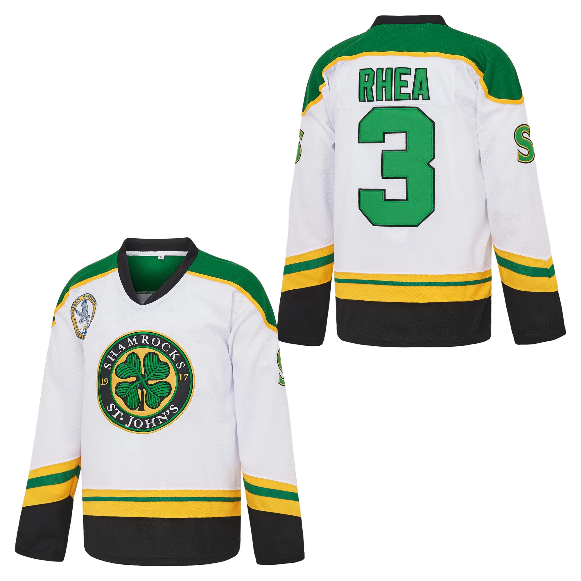 The BOSS #3 Ross Rhea ST John's Shamrocks Hockey Jersey with EMHL Patch Comfortable Athletic Sports Outdoors Football Team Polyester Athleisure Street