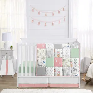 Coral, Mint and Grey Woodsy Deer Girls Baby Bedding 4 Piece Crib Set